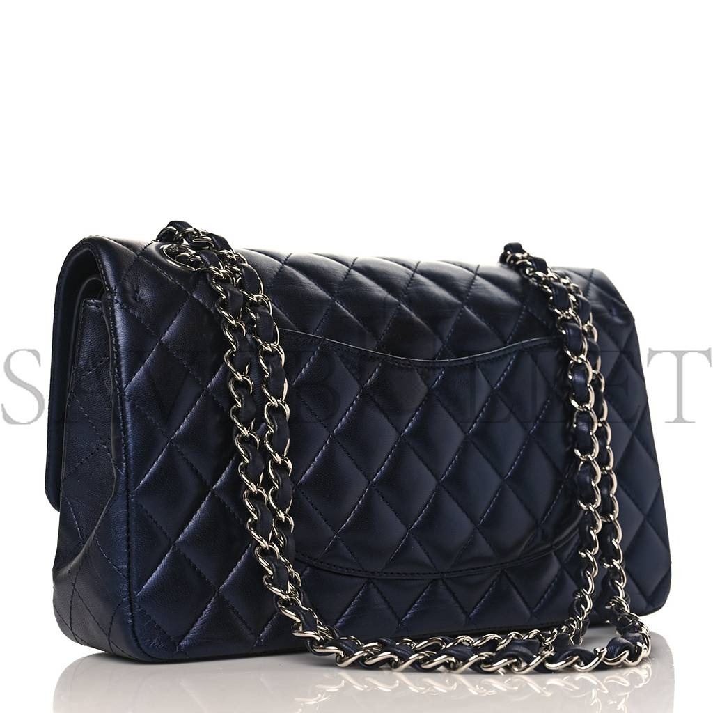 Ch*el iridescent calfskin quilted medium double flap navy (25*15*6cm)