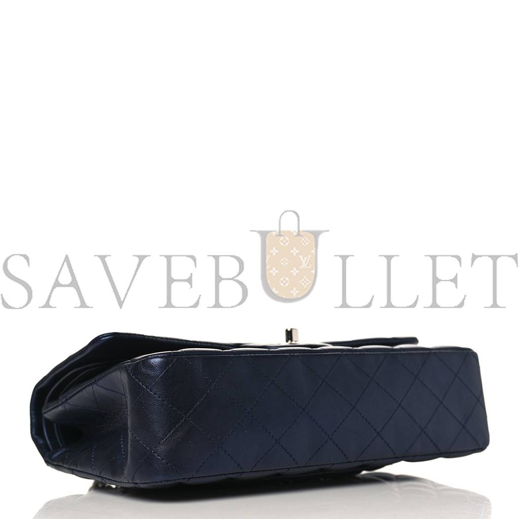 Ch*el iridescent calfskin quilted medium double flap navy (25*15*6cm)