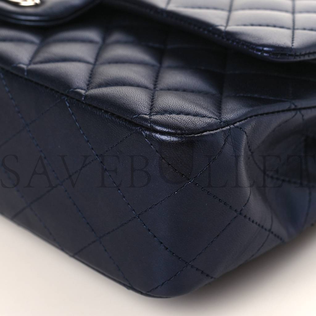 Ch*el iridescent calfskin quilted medium double flap navy (25*15*6cm)