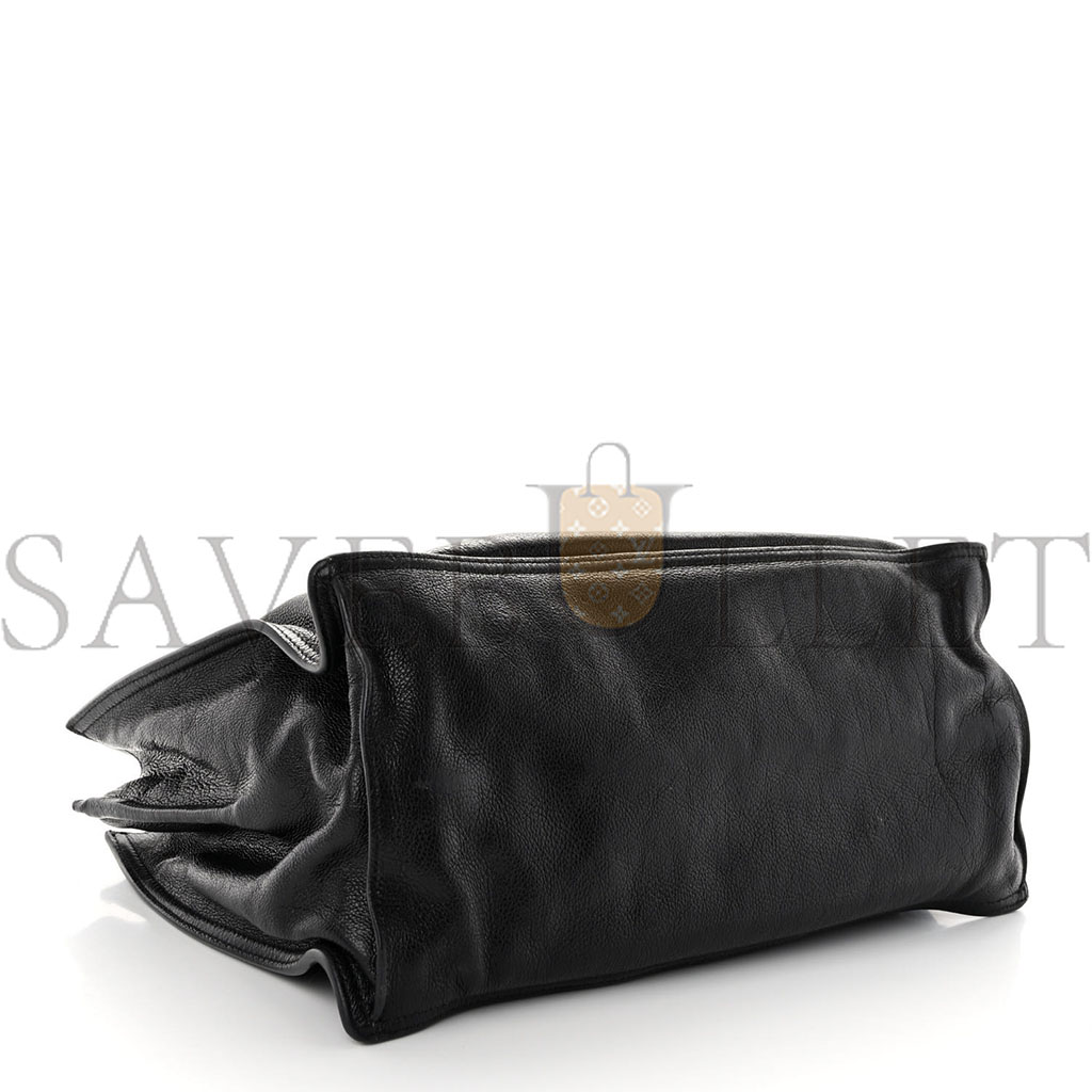 Pra*a glace calfskin etiquette shopping bag black astrale (33*22*16cm)