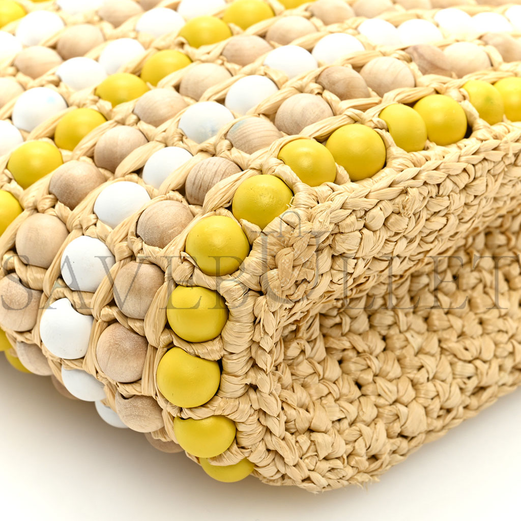 Pra*a raffia embroidered wood beaded logo tote bag tan (25*20*6cm)