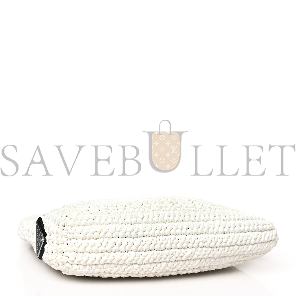 Pra*a yarn raffia effect crochet embroidered small logo tote white (25*23*8cm)