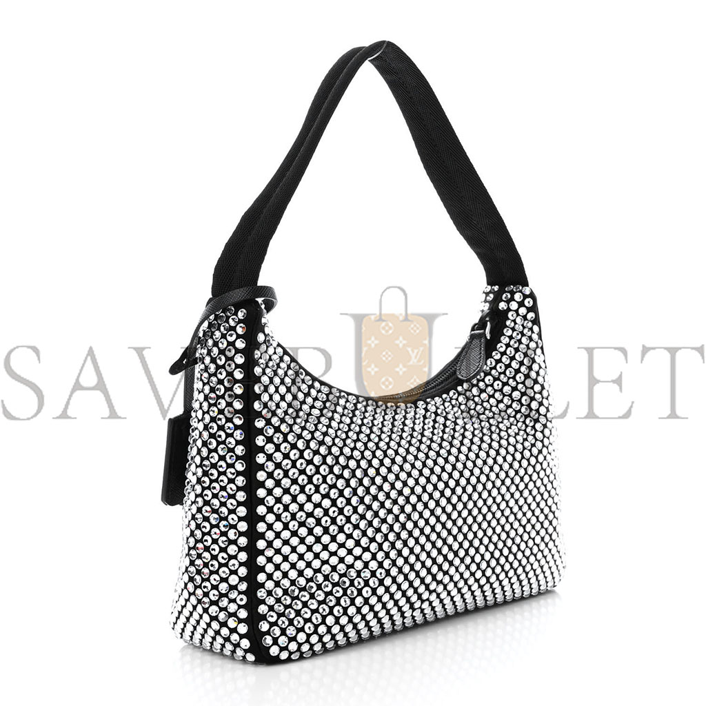 Pra*a satin crystal mini re-edition 2000 bag black (22*17*6cm)