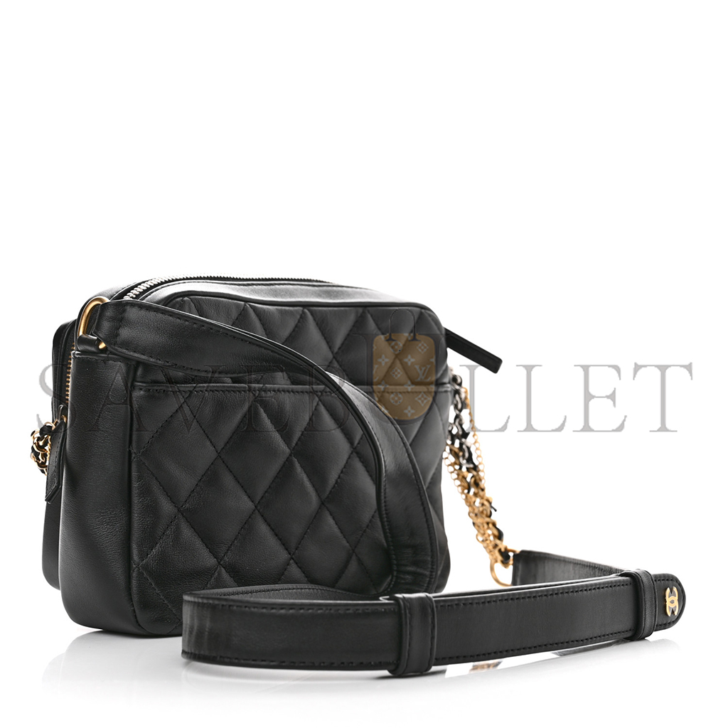 Ch*el calfskin quilted small camera case black as2923 (20.5*14.5*9cm)