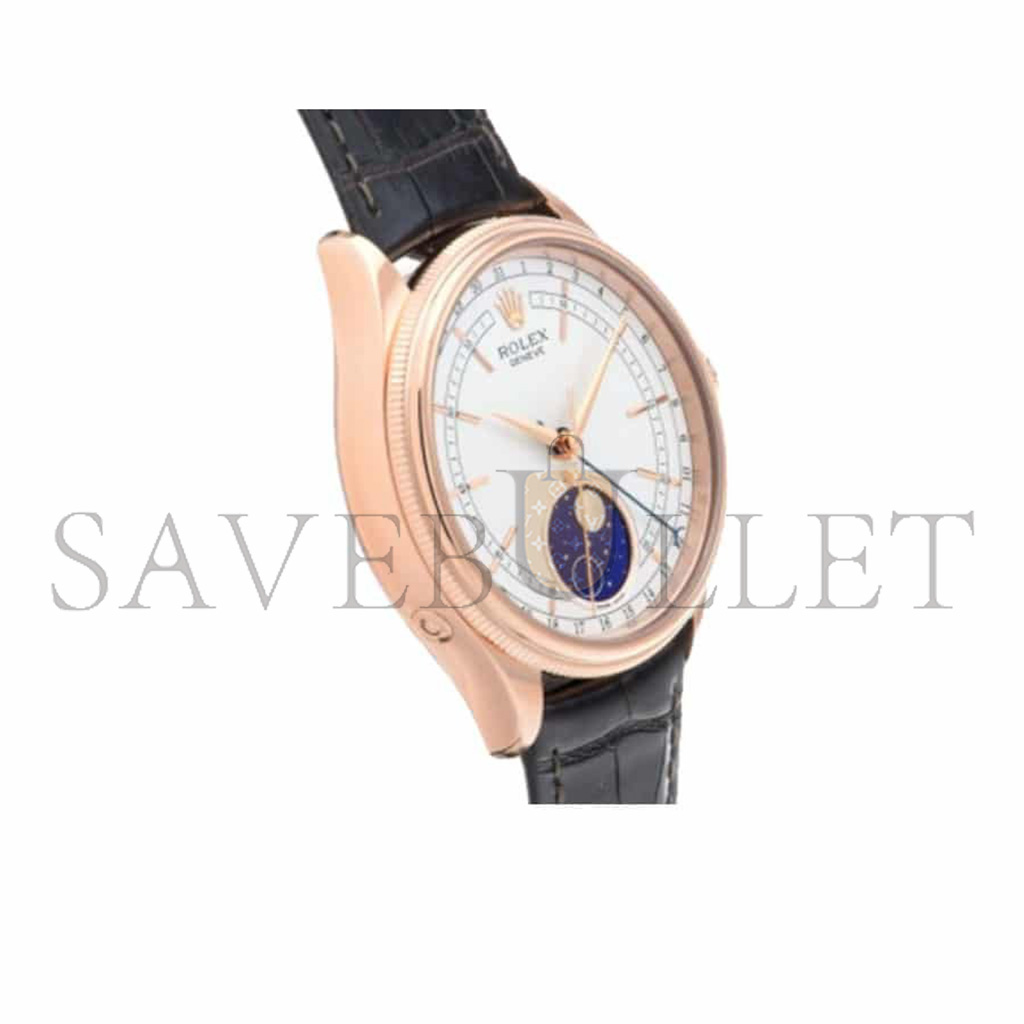 R*l*x cellini moonphase white 18k rose gold leather everose watch 50535