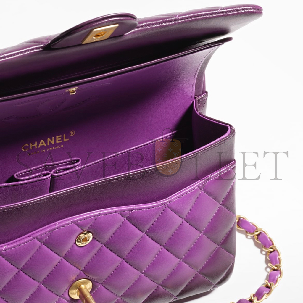 Ch*el mini bag with top handle, shiny lambskin & gold-tone metal (25.5*14*6.5cm)