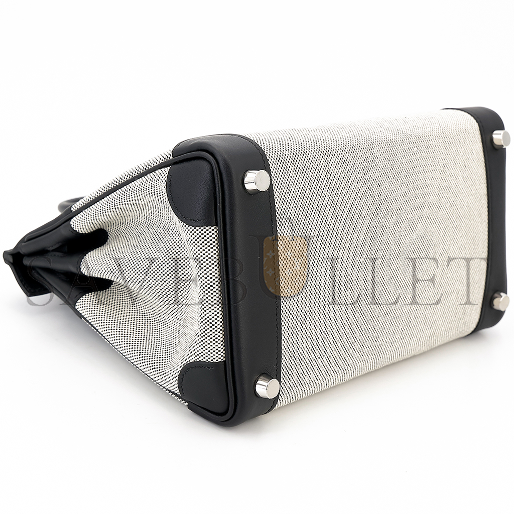 H**mes birkin 25 89 black noir canvas swift leather silver buckle 8023220073 (25*20*13cm)