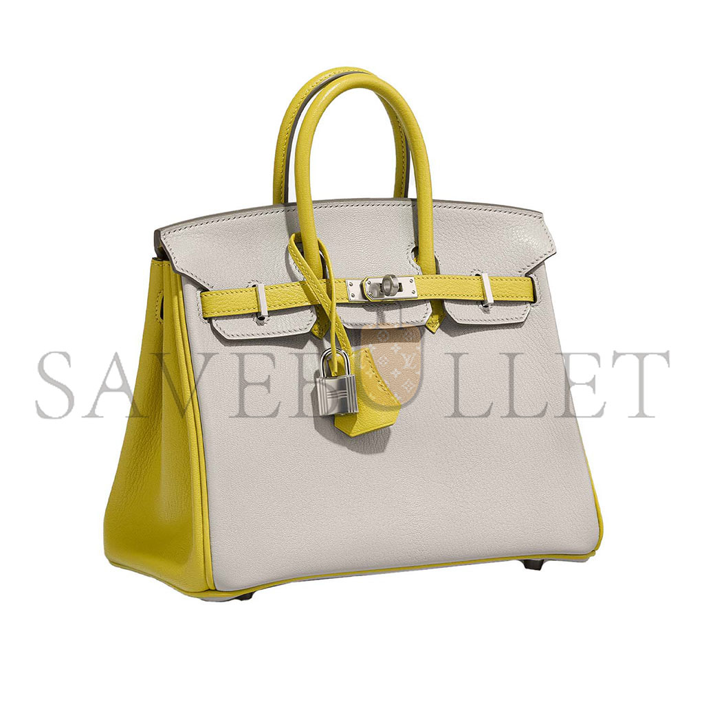 H**mes birkin 25 swift leather pearl grey lemon yellow silver buckle bag 3237 (25*20*13cm)