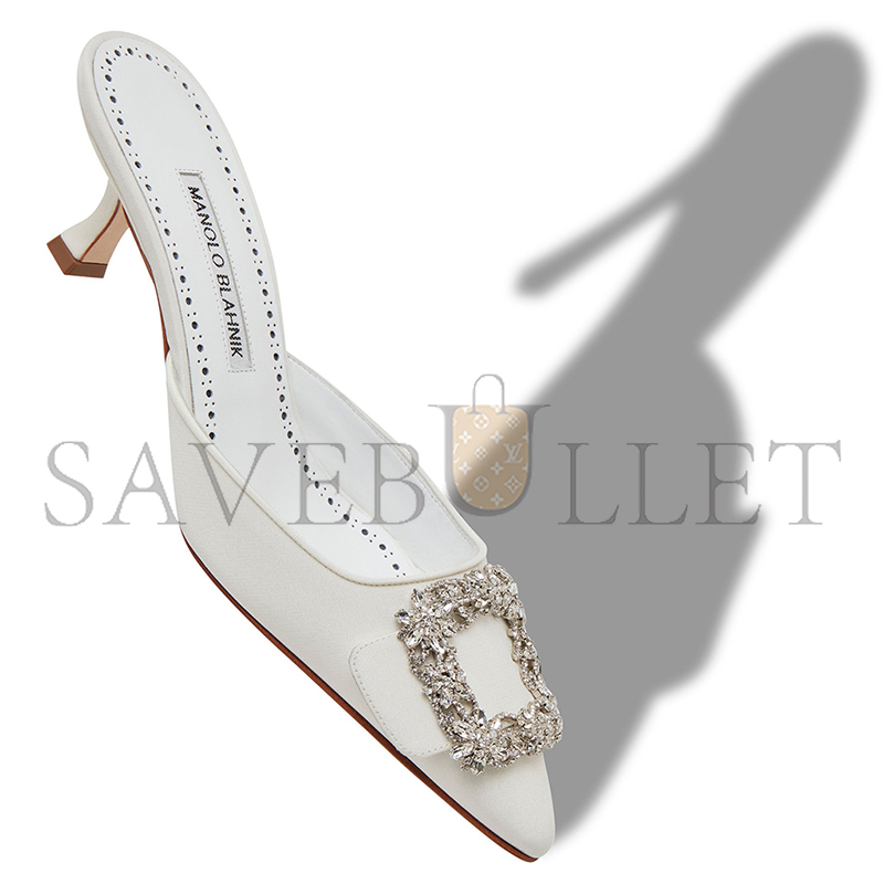 MANOLO BLAHNIK MAYSALE BRIDAL WHITE CREPE DE CHINE JEWEL BUCKLE MULES 118-0115-0003