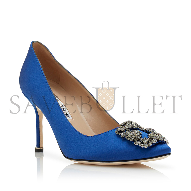MANOLO BLAHNIK HANGISI 90 BLUE SATIN JEWEL BUCKLE PUMPS 9XX-0663-0048