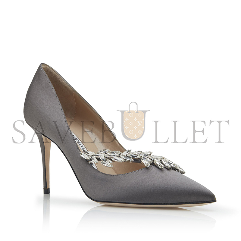 MANOLO BLAHNIK NADIRA GREY SATIN JEWEL BUCKLE PUMPS 9XX-0367-0030