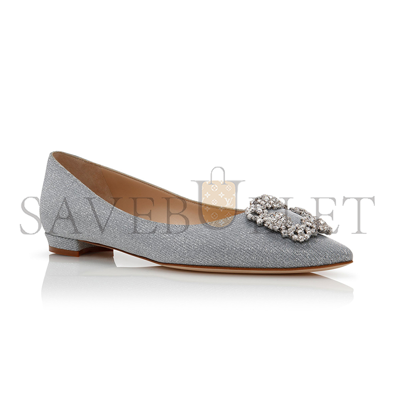 MANOLO BLAHNIK HANGISIFLAT GLITTER SILVER GLITTER FABRIC JEWEL BUCKLE FLAT PUMPS 9XX-0590-0013
