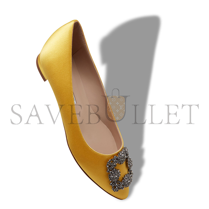MANOLO BLAHNIK HANGISIFLAT YELLOW SATIN JEWEL BUCKLE FLAT PUMPS 9XX-0348-0048