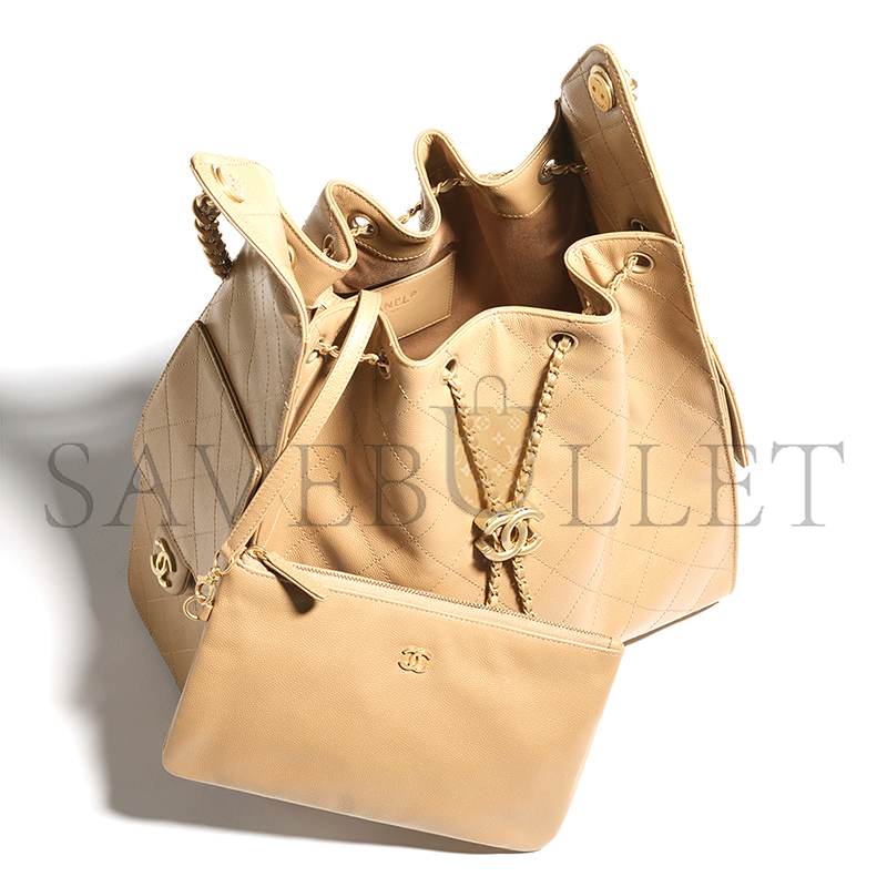Ch*el master 25 medium handbag grained calfskin & gold-tone metal dark beige as5311 (40*30*15cm)