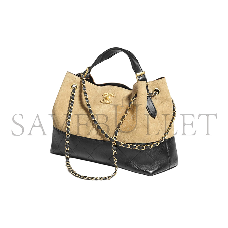 Ch*el master shopping bag suede calfskin, shiny lambskin & gold-tone metal beige & black as5634 (36*24*12cm)