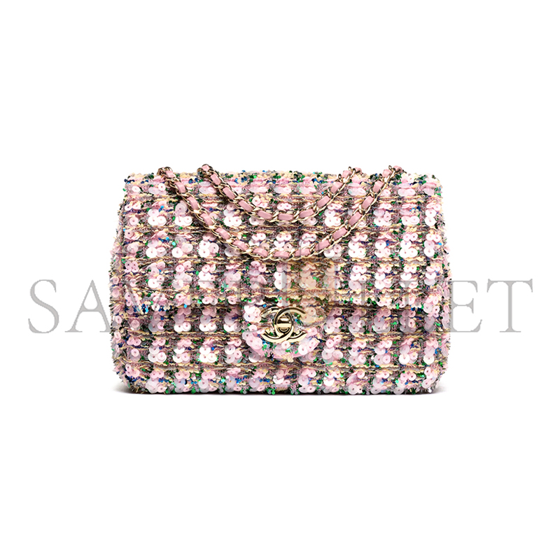 Ch*el flap bag sequins & gold-tone metal light pink, green & yellow as4561 (21*14*8cm)