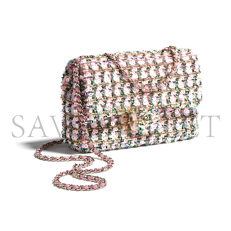 Ch*el flap bag sequins & gold-tone metal light pink, green & yellow as4561 (21*14*8cm)