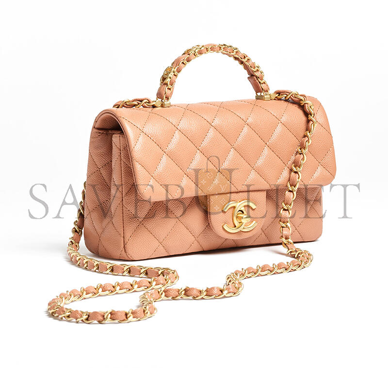 Ch*el mini flap bag with top handle grained shiny calfskin as5701 (19.5*12*6.5cm)