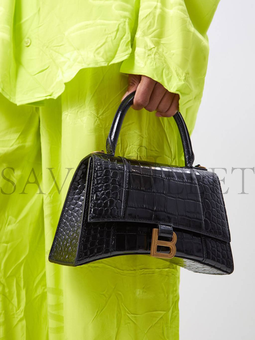 Ba*len*cia*ga black hourglass s crocodile-effect leather bag matchesfashion us (22.8*15.2*9cm)