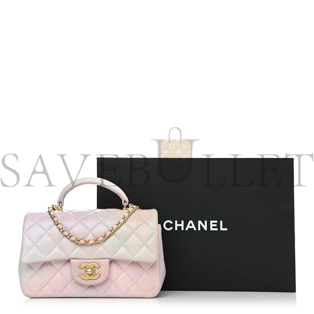 Ch*el lambskin quilted ombre mini top handle rectangular flap pink multicolor gold hardware (20*13*6cm)