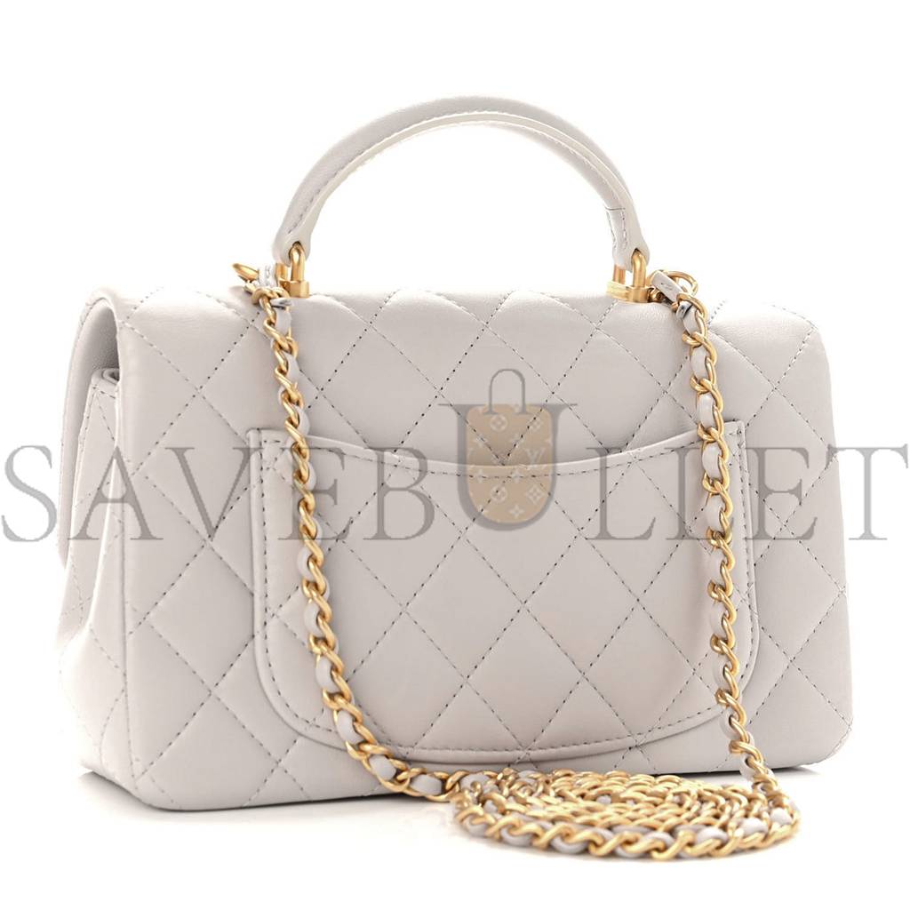 Ch*el lambskin quilted mini top handle rectangular flap grey gold hardware (20*13*6cm)