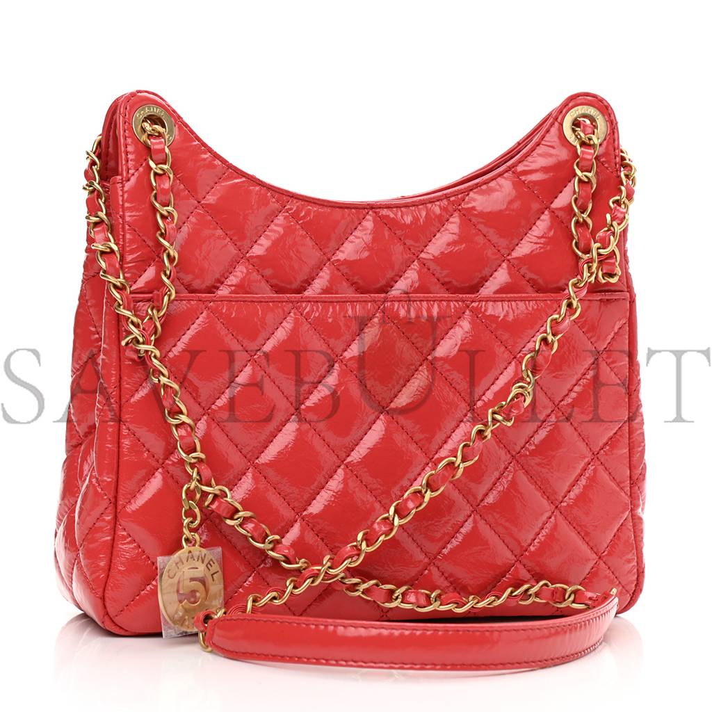 Ch*el shiny crumpled calfskin quilted small hobo red gold hardware (22*17*7cm)