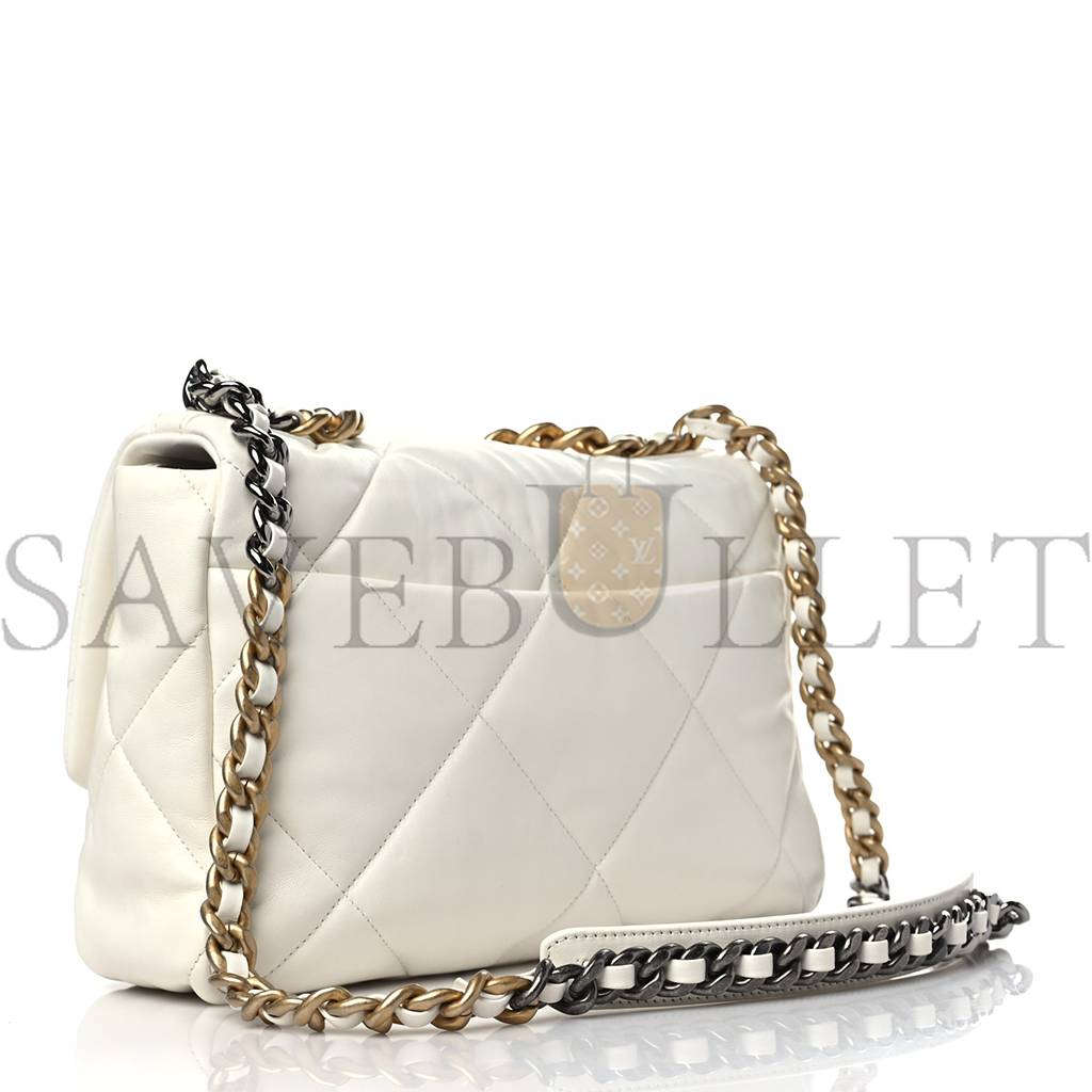 Ch*el lambskin quilted large Ch*el 19 flap white gold hardware (30*20*9cm)