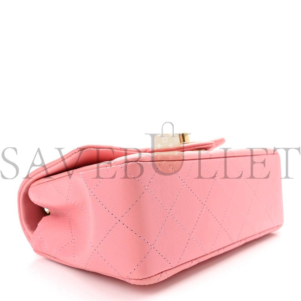 Ch*el lambskin quilted mini rectangular flap pink gold hardware (20*11*6cm)