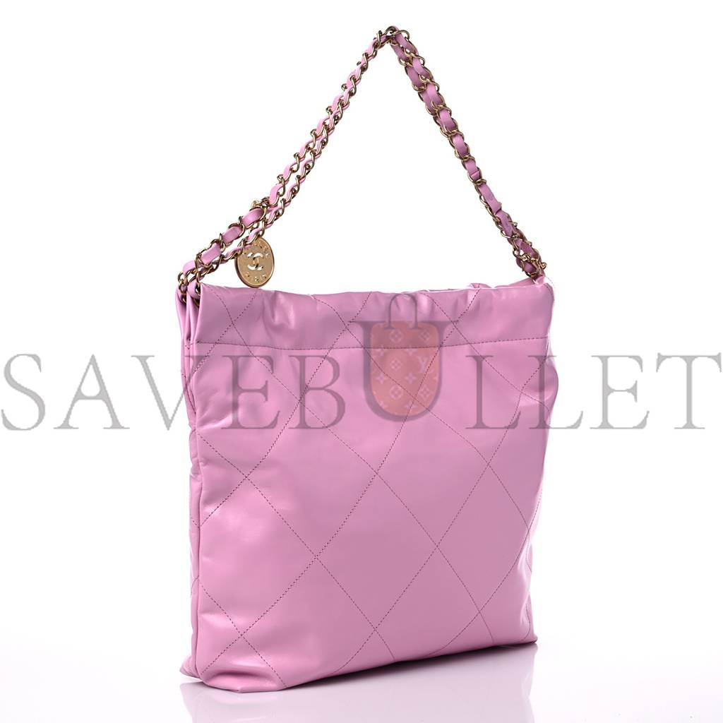 Ch*el shiny calfskin quilted small Ch*el 22 pink gold hardware (37*35*7cm)