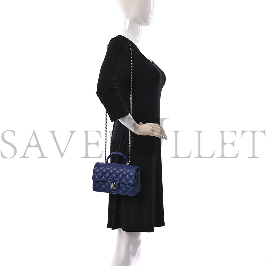 Ch*el lambskin quilted mini top handle rectangular flap blue rose gold hardware (20*12*6cm)