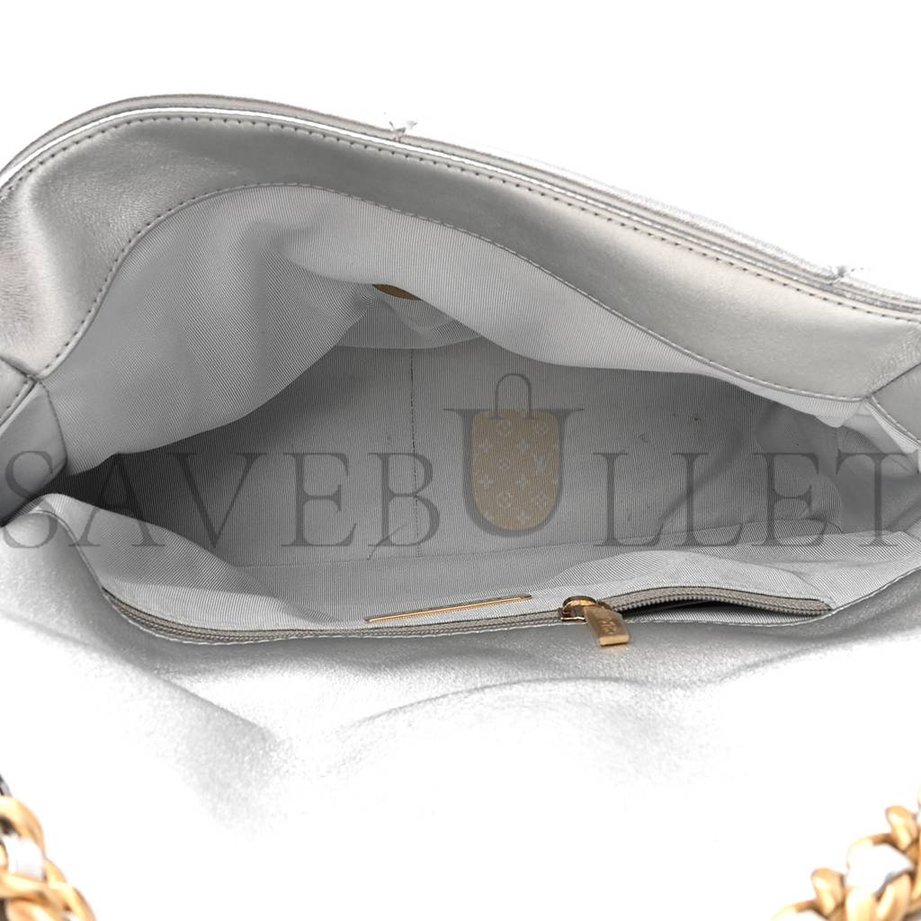 Ch*el metallic goatskin quilted large Ch*el 19 flap silver gold hardware (30*21*9cm)