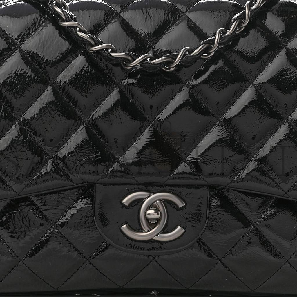 Ch*el crinkled patent quilted jumbo single flap black silver hardware (30*18*8cm)