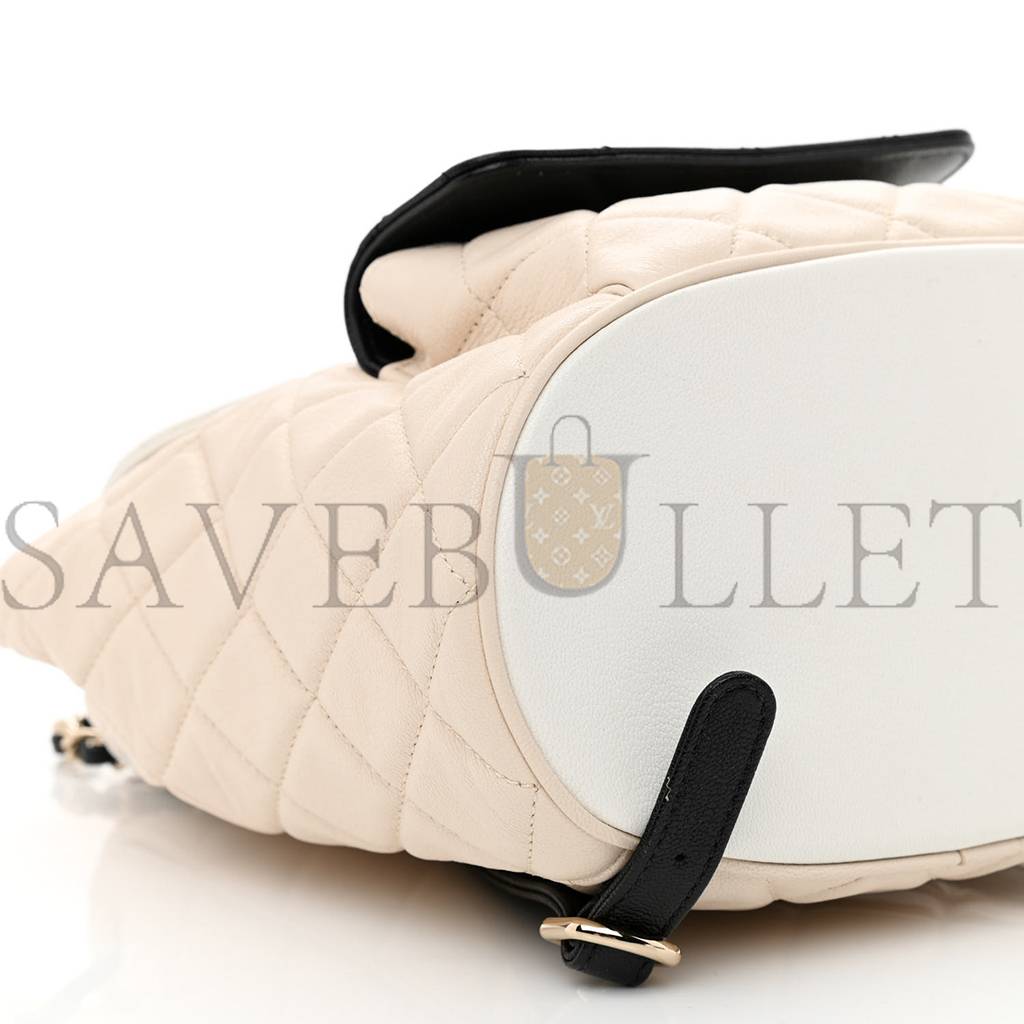 Ch*el goatskin quilted duma drawstring backpack beige black white rose gold hardware (23*22*12cm)