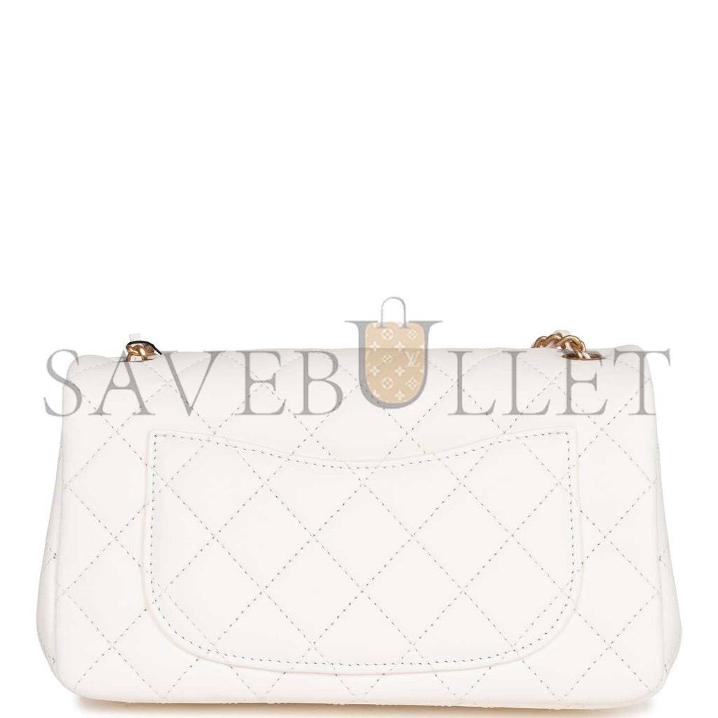 Ch*el pearl crush mini rectangular flap bag white lambskin antique gold hardware (20*13*6cm)