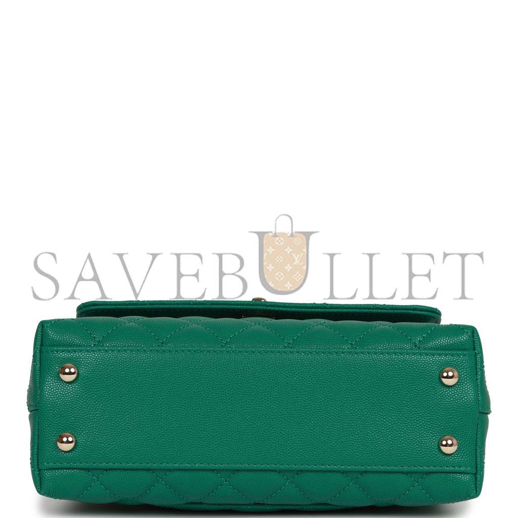 Ch*el small coco handle flap bag green caviar light gold hardware (23*15*10cm)