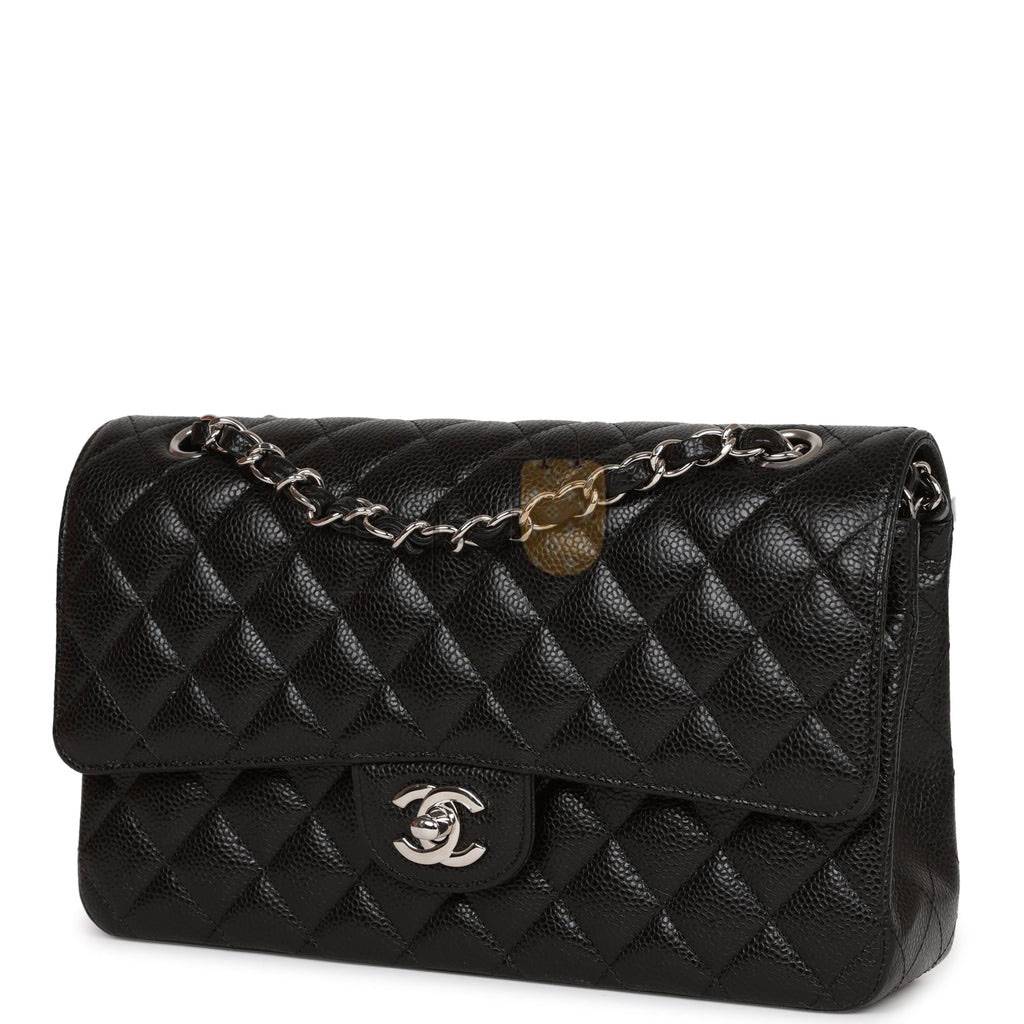 Ch*el medium classic double flap bag black quilted caviar silver hardware (25*15*7cm)