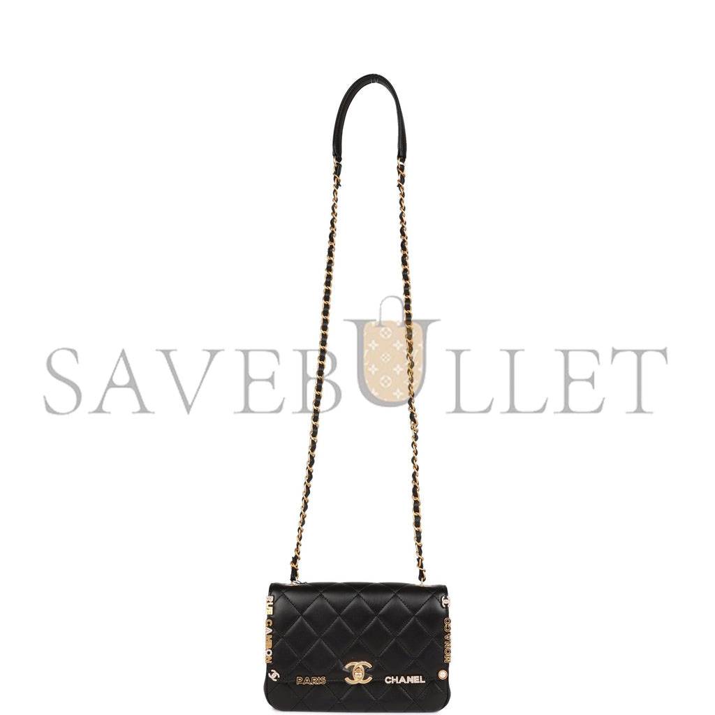 Ch*el monaco mini flap bag black lambskin antique gold hardware (19*13*8cm)