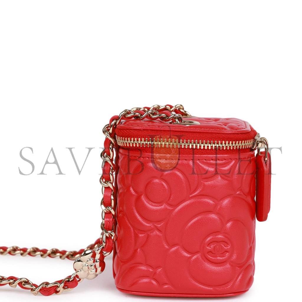 Ch*el camellia mini vanity case red lambskin light gold hardware (11*9*8cm)