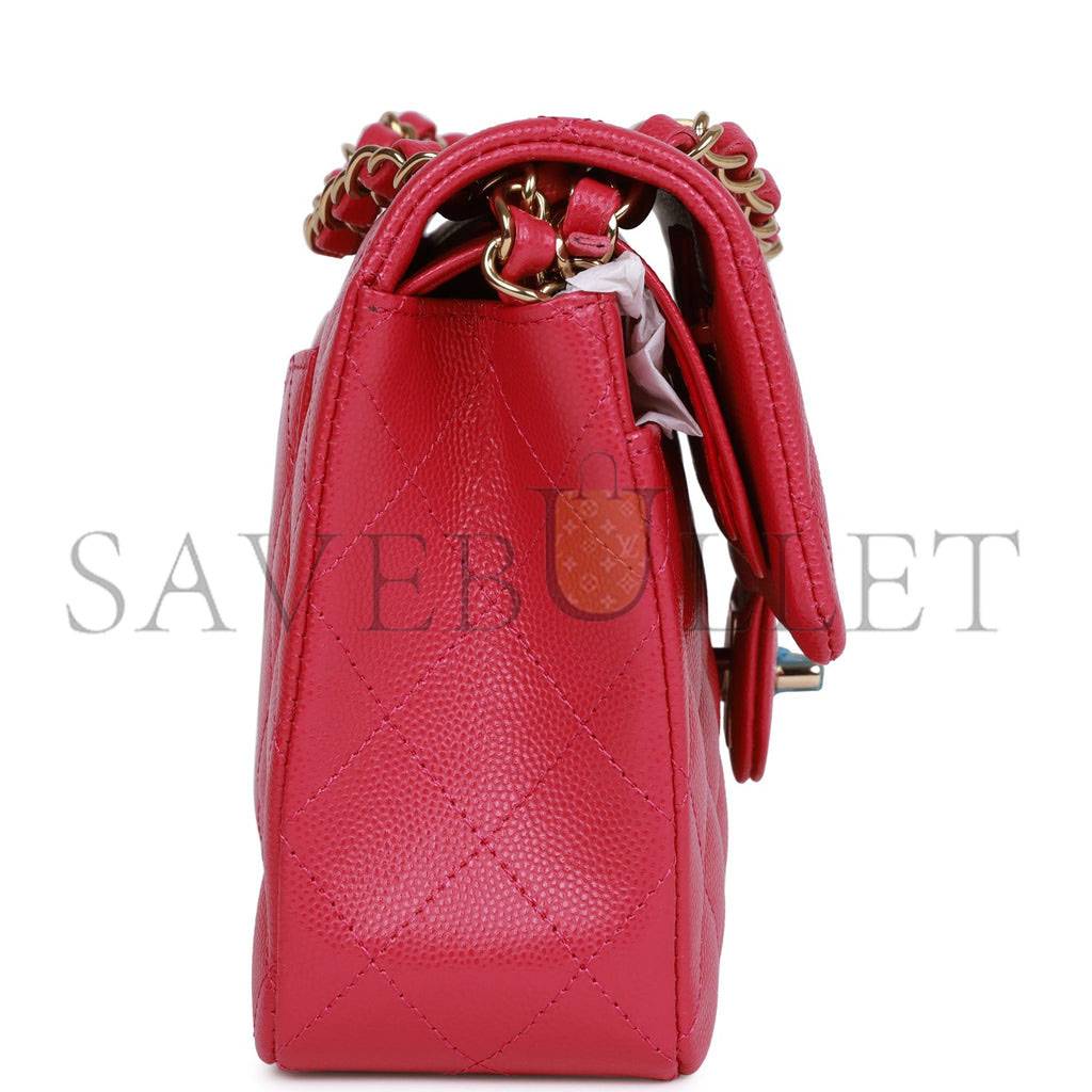 Ch*el small classic double flap fuchsia caviar light gold hardware (23*13*6cm)