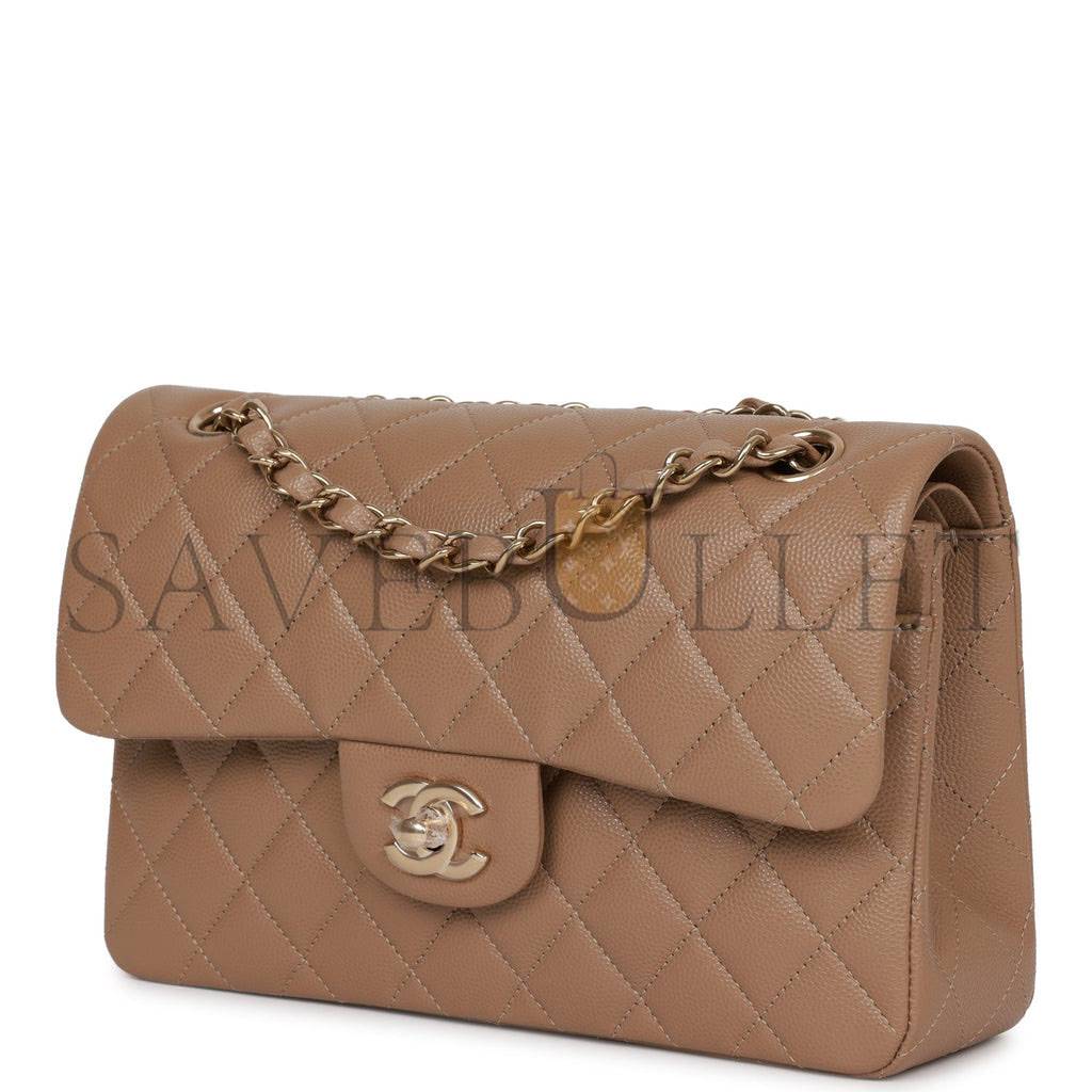 Ch*el small classic double flap dark beige caviar light gold hardware (23*13*6cm)