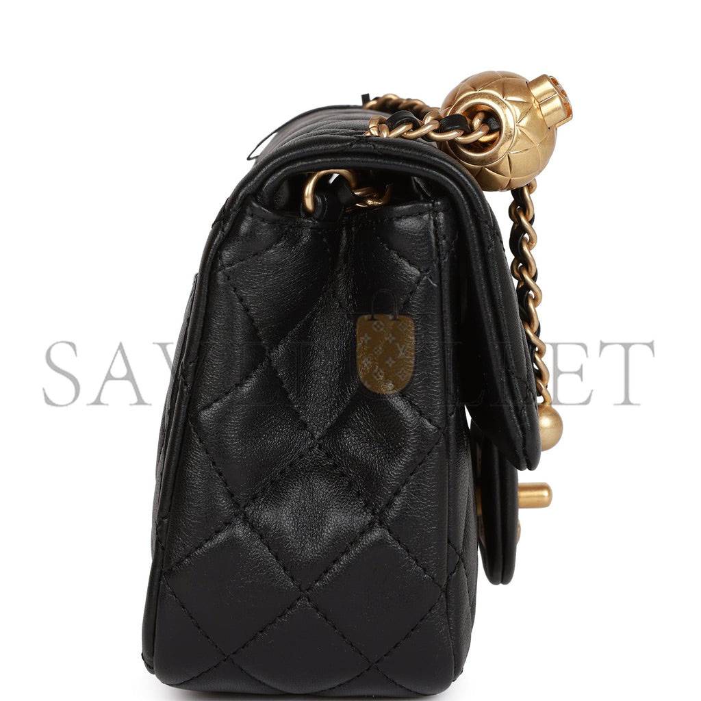 Ch*el pearl crush mini square flap bag black lambskin antique gold hardware (17*14*8cm)