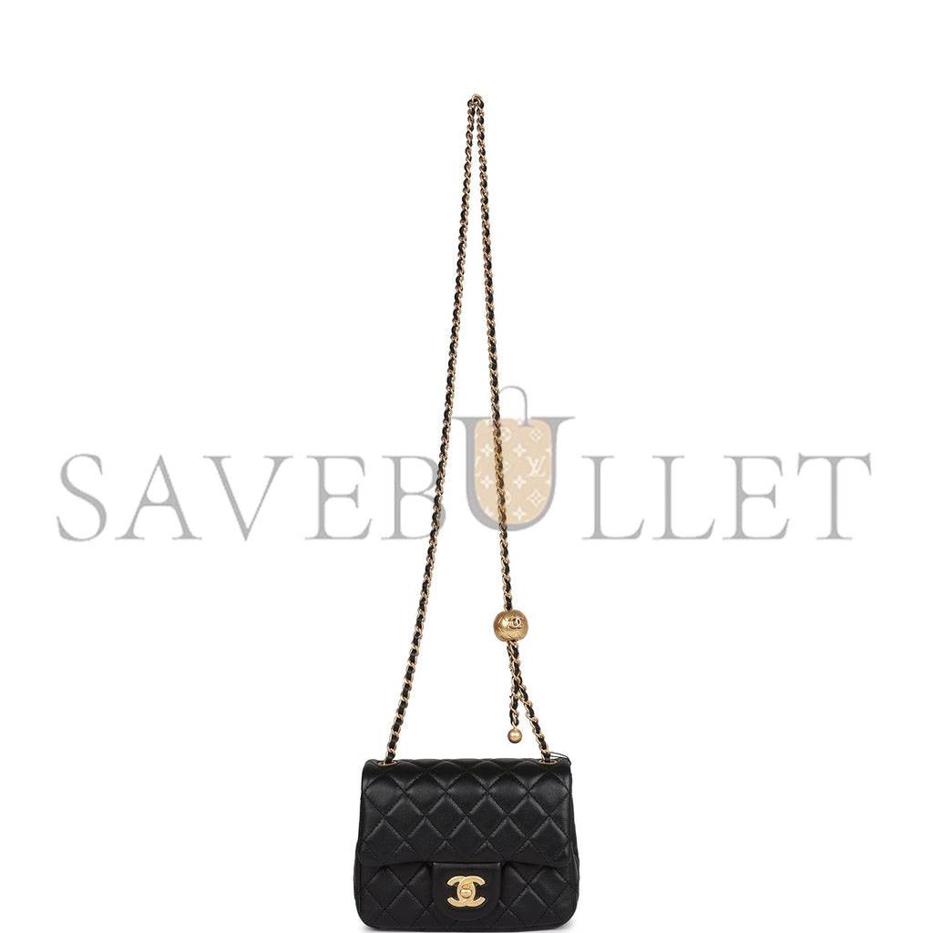 Ch*el pearl crush mini square flap bag black lambskin antique gold hardware (17*14*8cm)