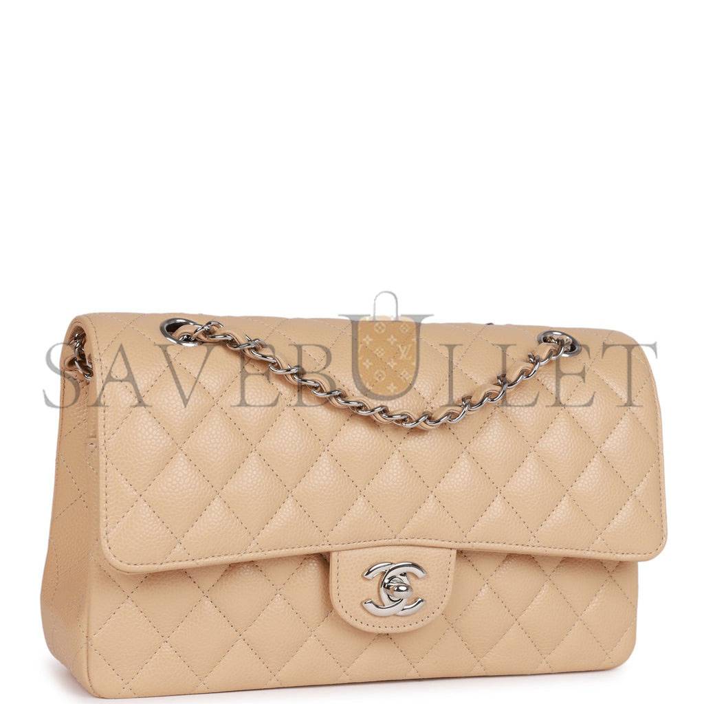 Ch*el medium classic double flap bag beige caviar silver hardware (25*15*7cm)