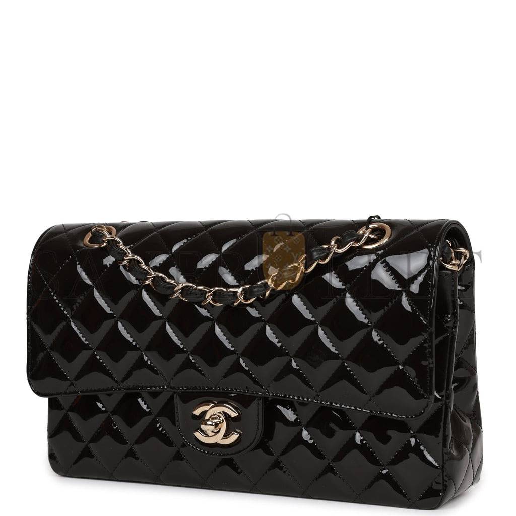 Ch*el medium classic double flap bag black patent light gold hardware (25*15*7cm)