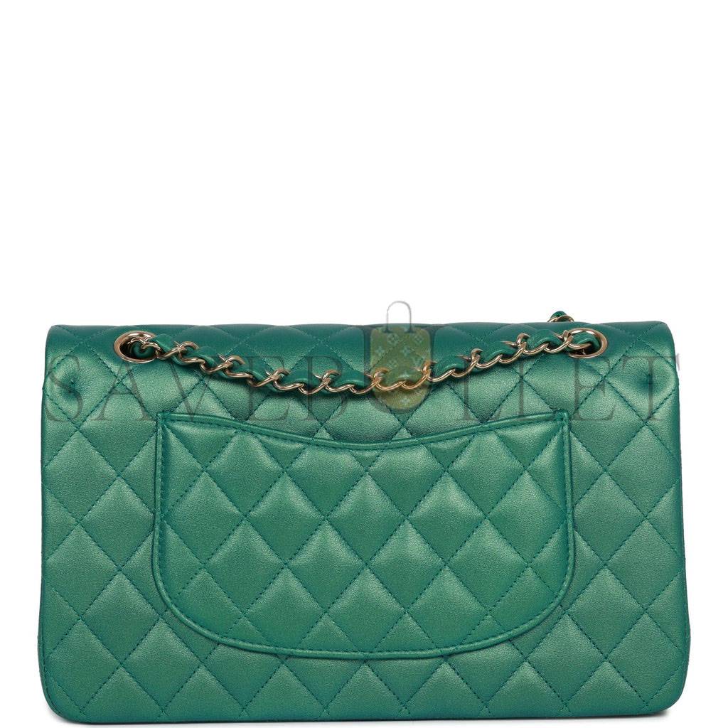 Ch*el medium classic double flap bag green iridescent lambskin light gold hardware (25*15*7cm)