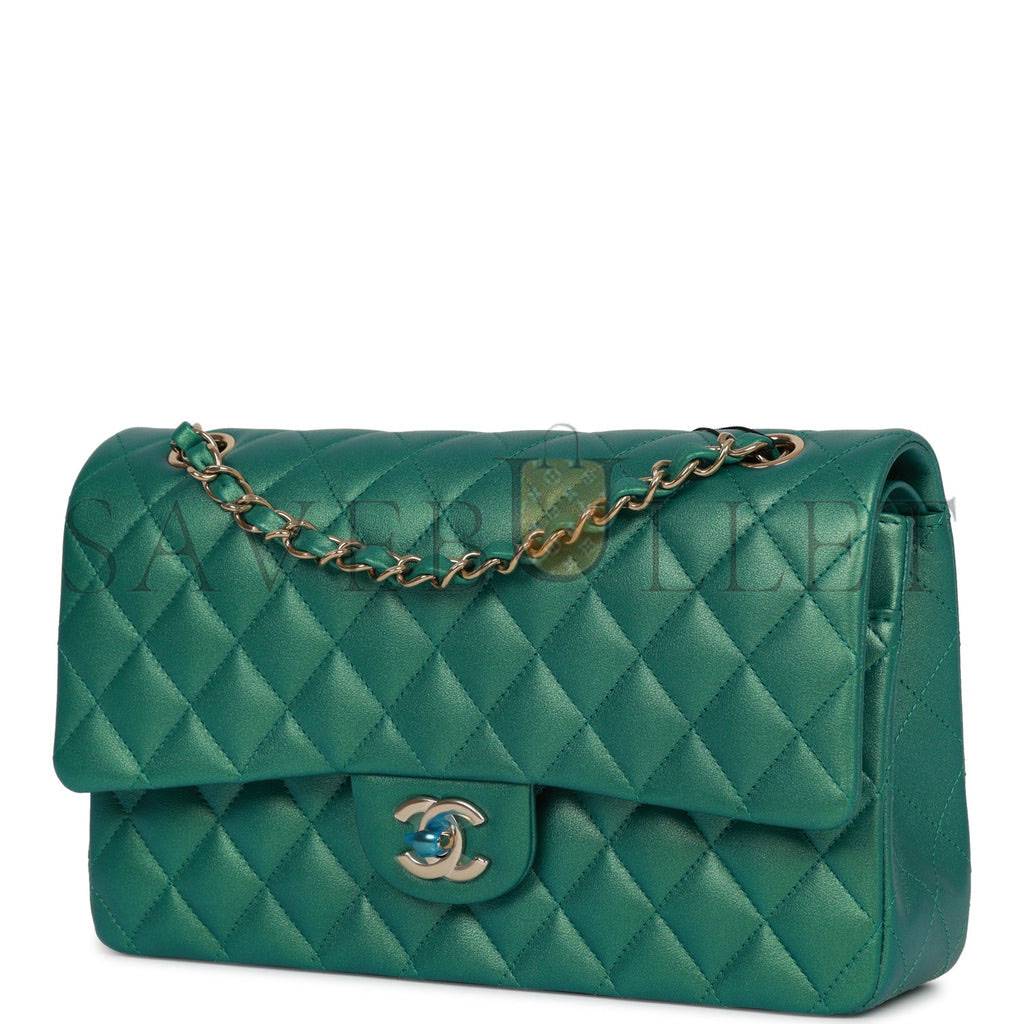 Ch*el medium classic double flap bag green iridescent lambskin light gold hardware (25*15*7cm)