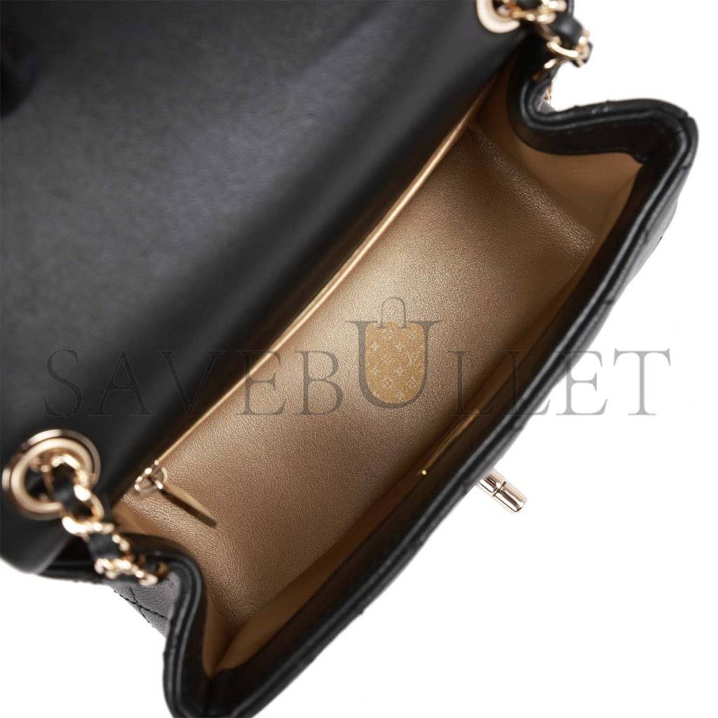 Ch*el pearl crush mini square flap bag black lambskin light gold hardware (17*14*8cm)