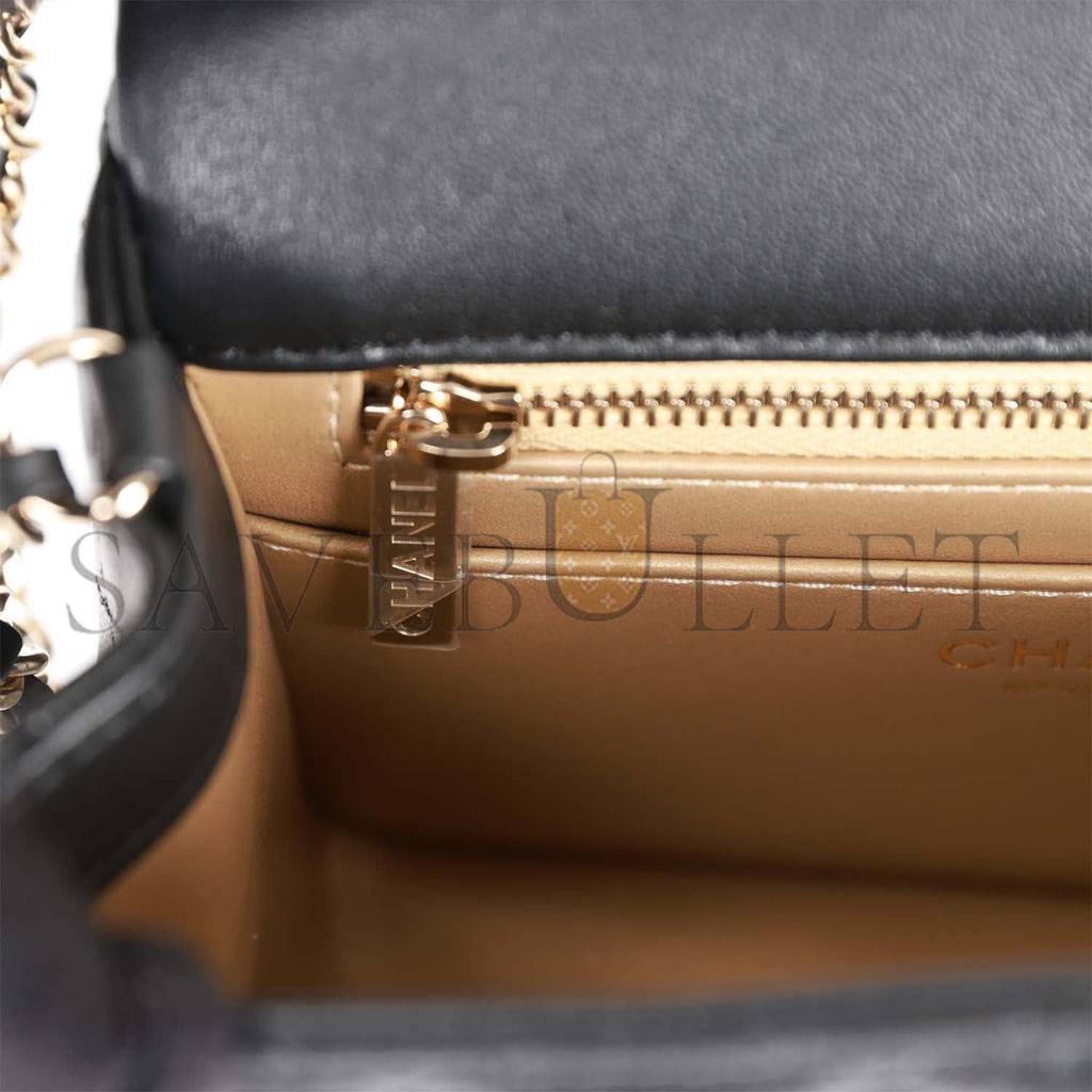 Ch*el pearl crush mini square flap bag black lambskin light gold hardware (17*14*8cm)