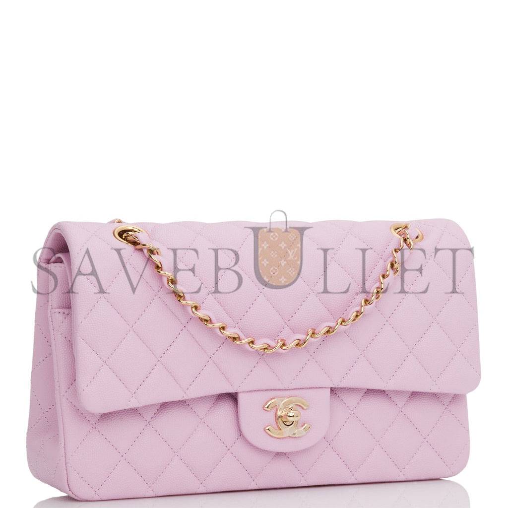 Ch*el medium classic double flap bag rose clair caviar light gold hardware (25*15*7cm)
