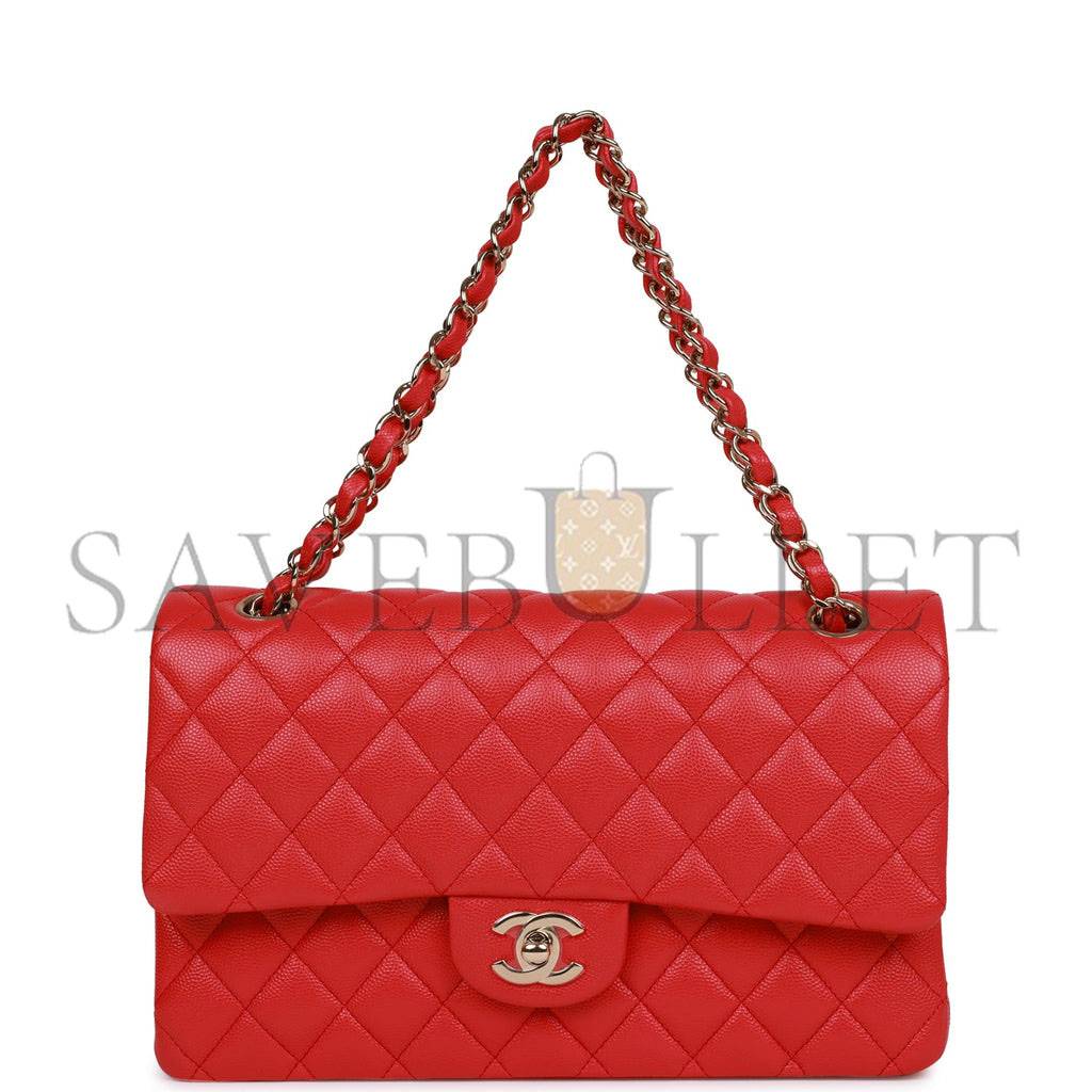 Ch*el medium classic double flap bag red caviar light gold hardware (25.5*15.5*6.5cm)